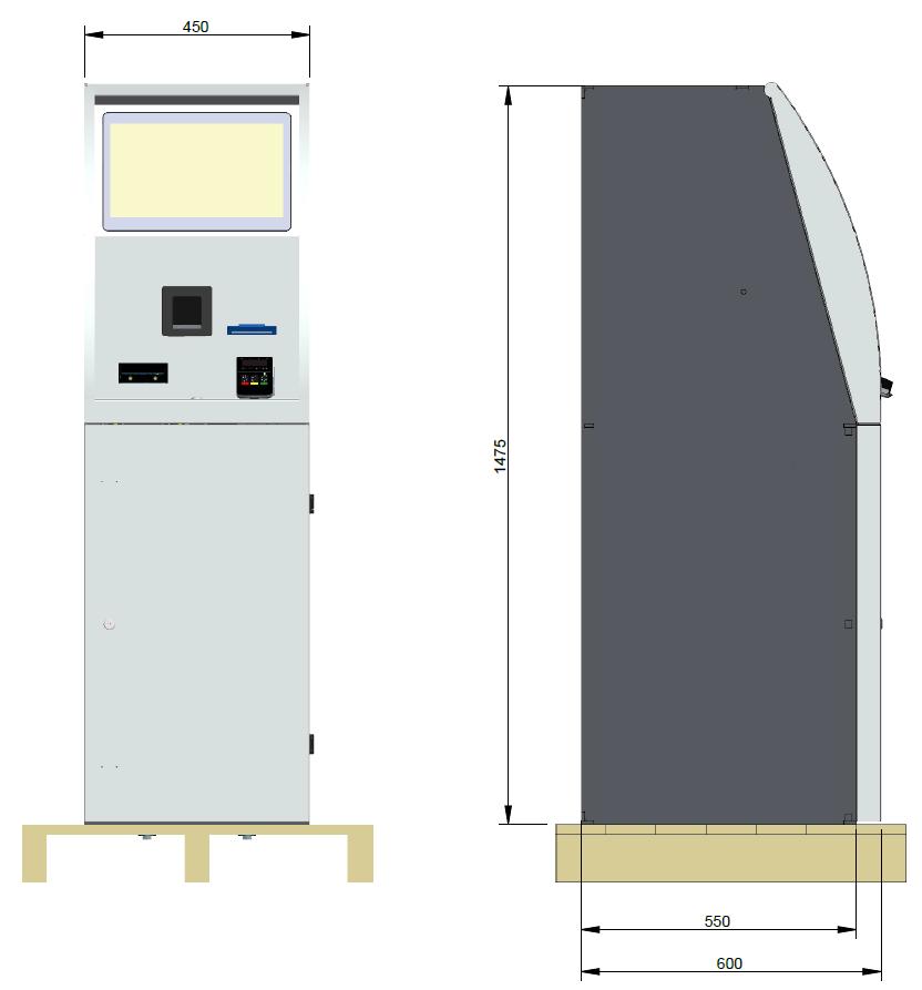 Desenho técnico de terminal de autoatendimento com dimensões